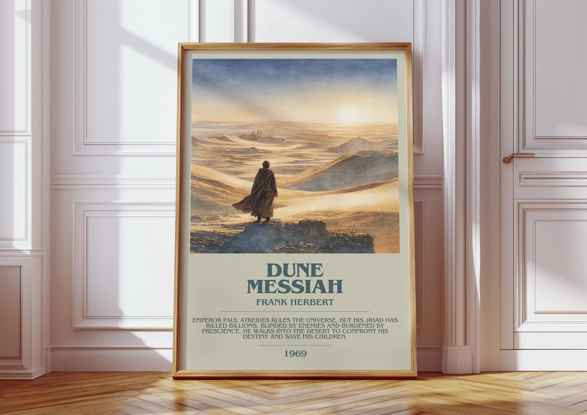 Dune Messiah bookish print in frame leaning in hallway – sci fi wall art