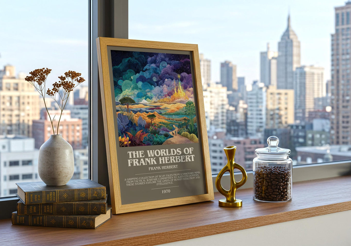 The Worlds of Frank Herbert bookish book poster framed on wall – sci fi wall art