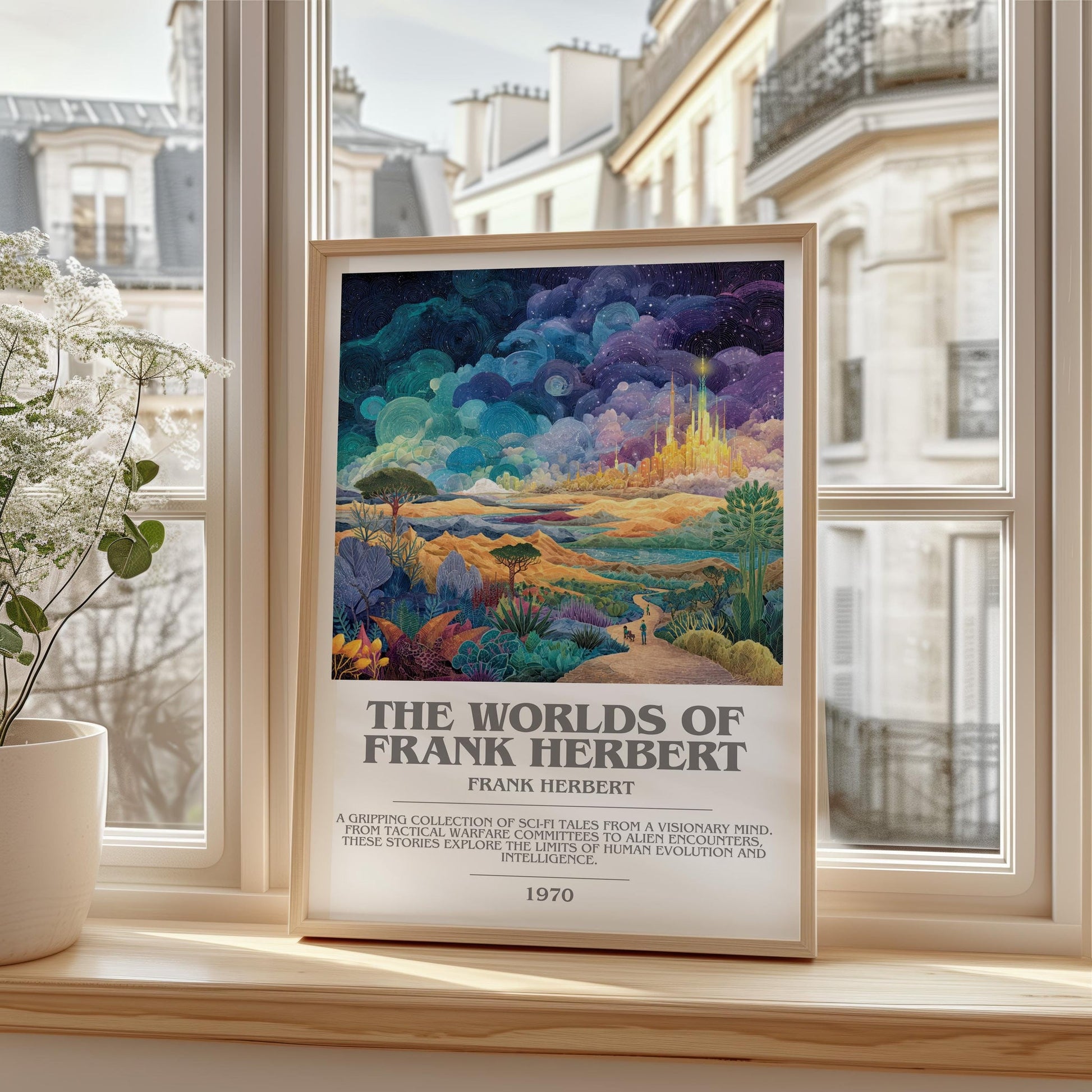 The Worlds of Frank Herbert bookish print framed by window – literary home decor