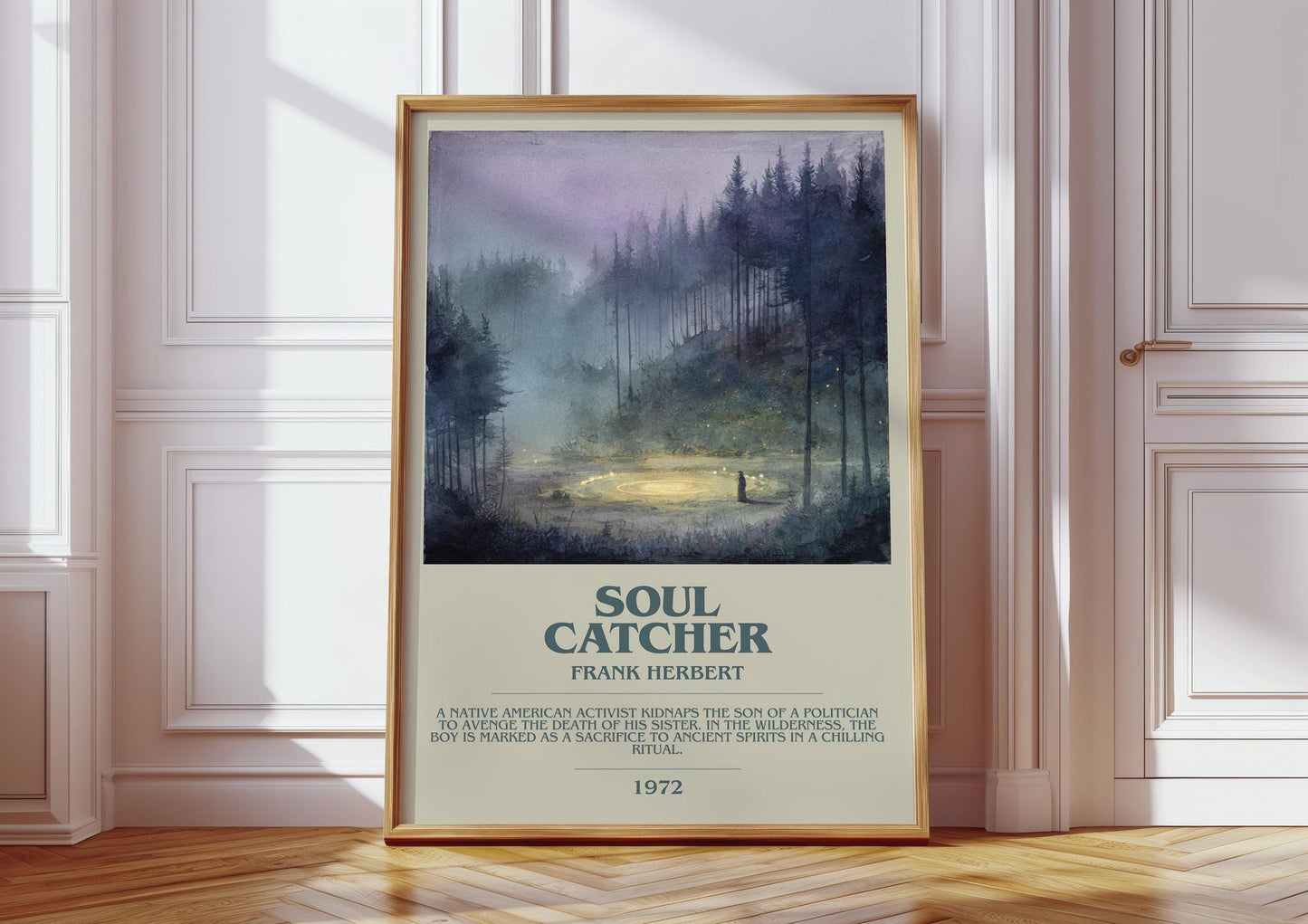 Soul Catcher bookish print in frame leaning in hallway – sci fi wall art