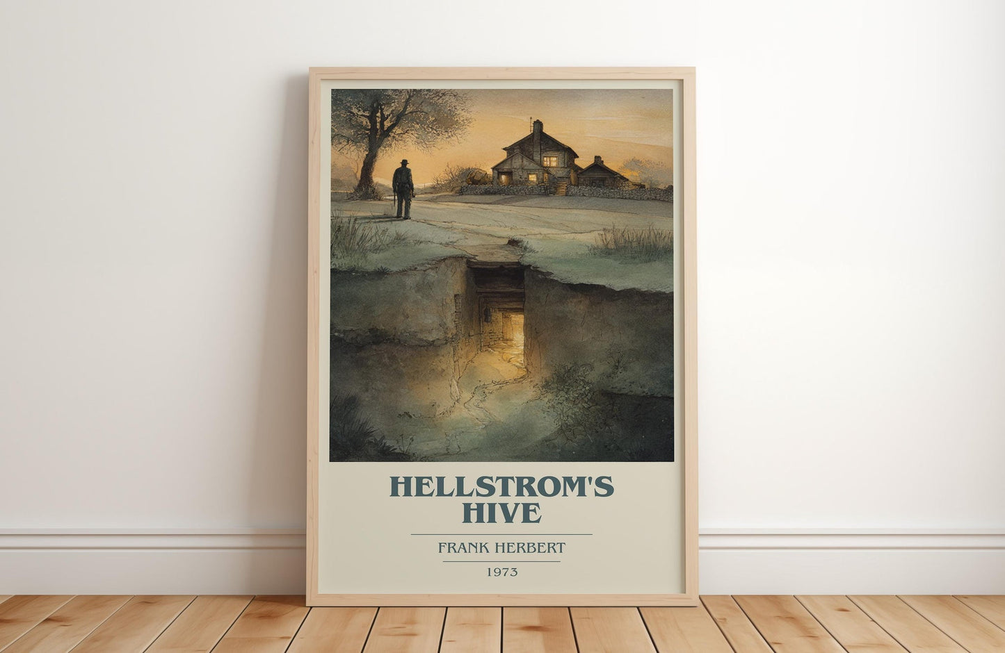 Hellstrom's Hive book cover print in frame leaning in hallway – sci fi wall art
