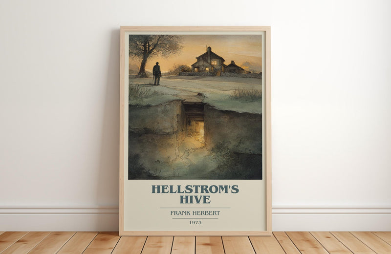 Hellstrom's Hive book cover print in frame leaning in hallway – sci fi wall art