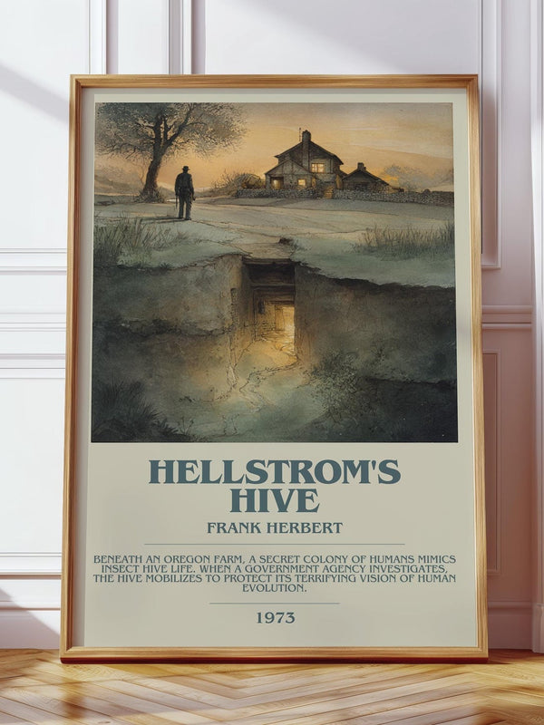 Hellstrom's Hive bookish print in frame leaning in hallway – sci fi wall art