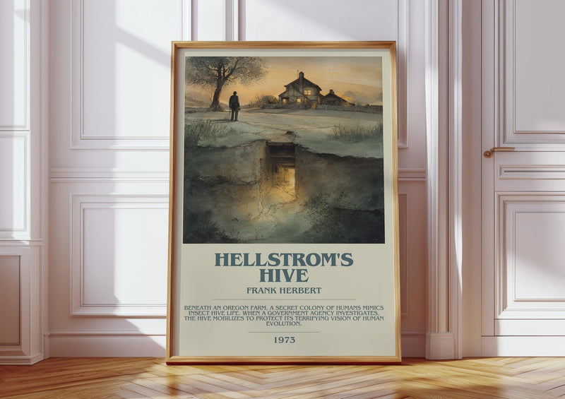 Hellstrom's Hive bookish print in frame leaning in hallway – sci fi wall art