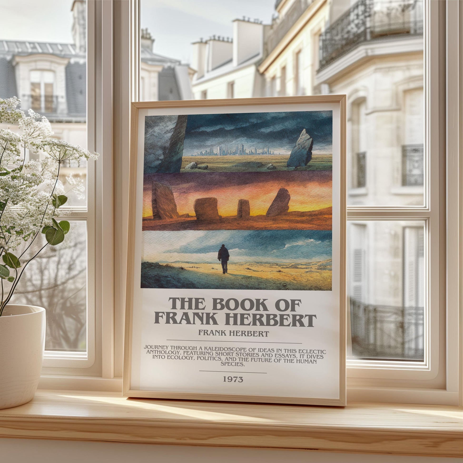 The Book of Frank Herbert bookish print framed by window – literary home decor