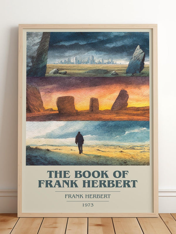 The Book of Frank Herbert book cover print in frame leaning in hallway – sci fi wall art