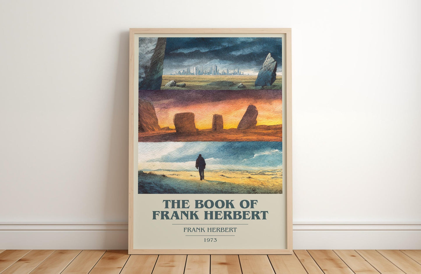 The Book of Frank Herbert book cover print in frame leaning in hallway – sci fi wall art