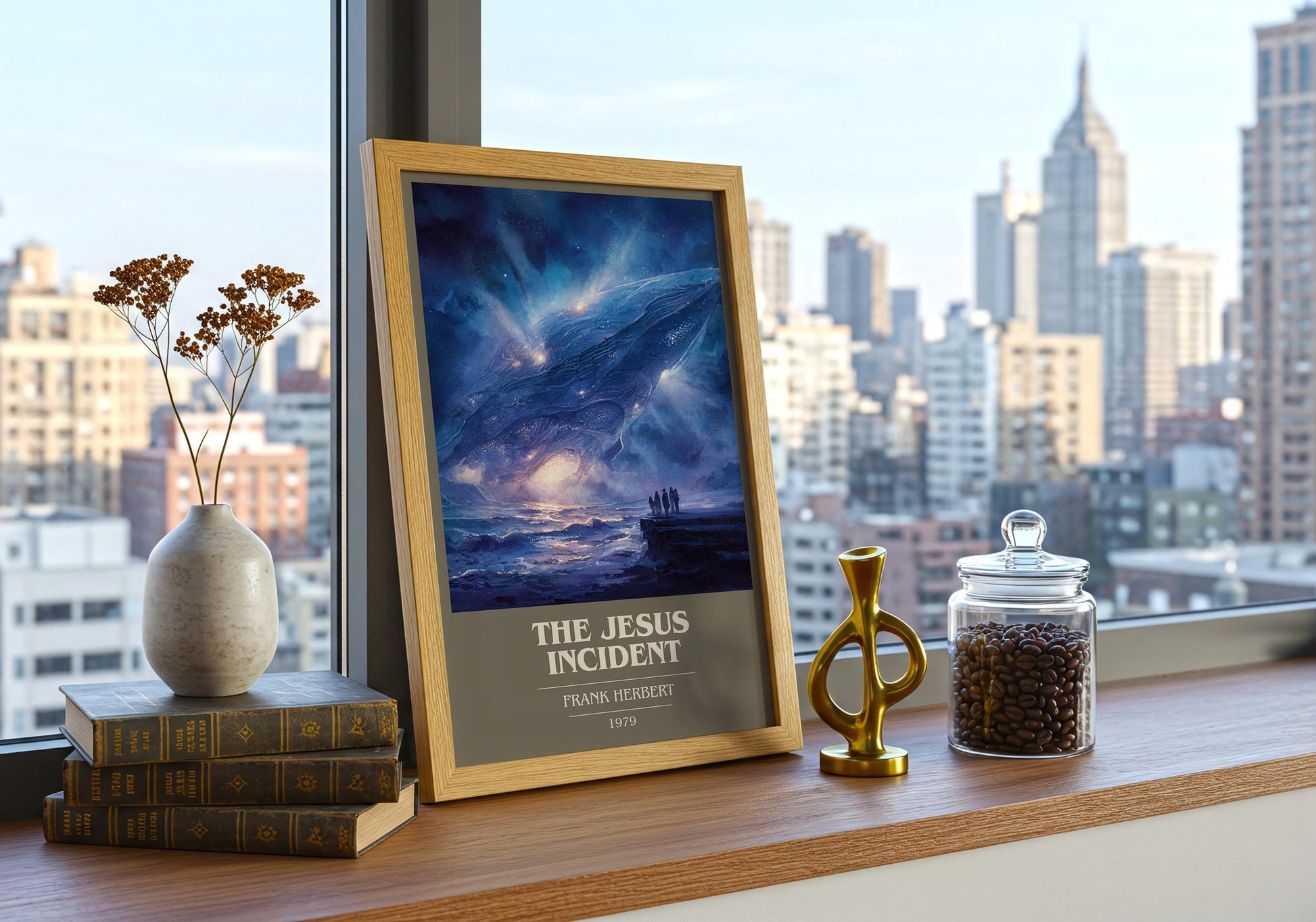 The Jesus Incident book cover print on bookshelf – Frank Herbert fan gift