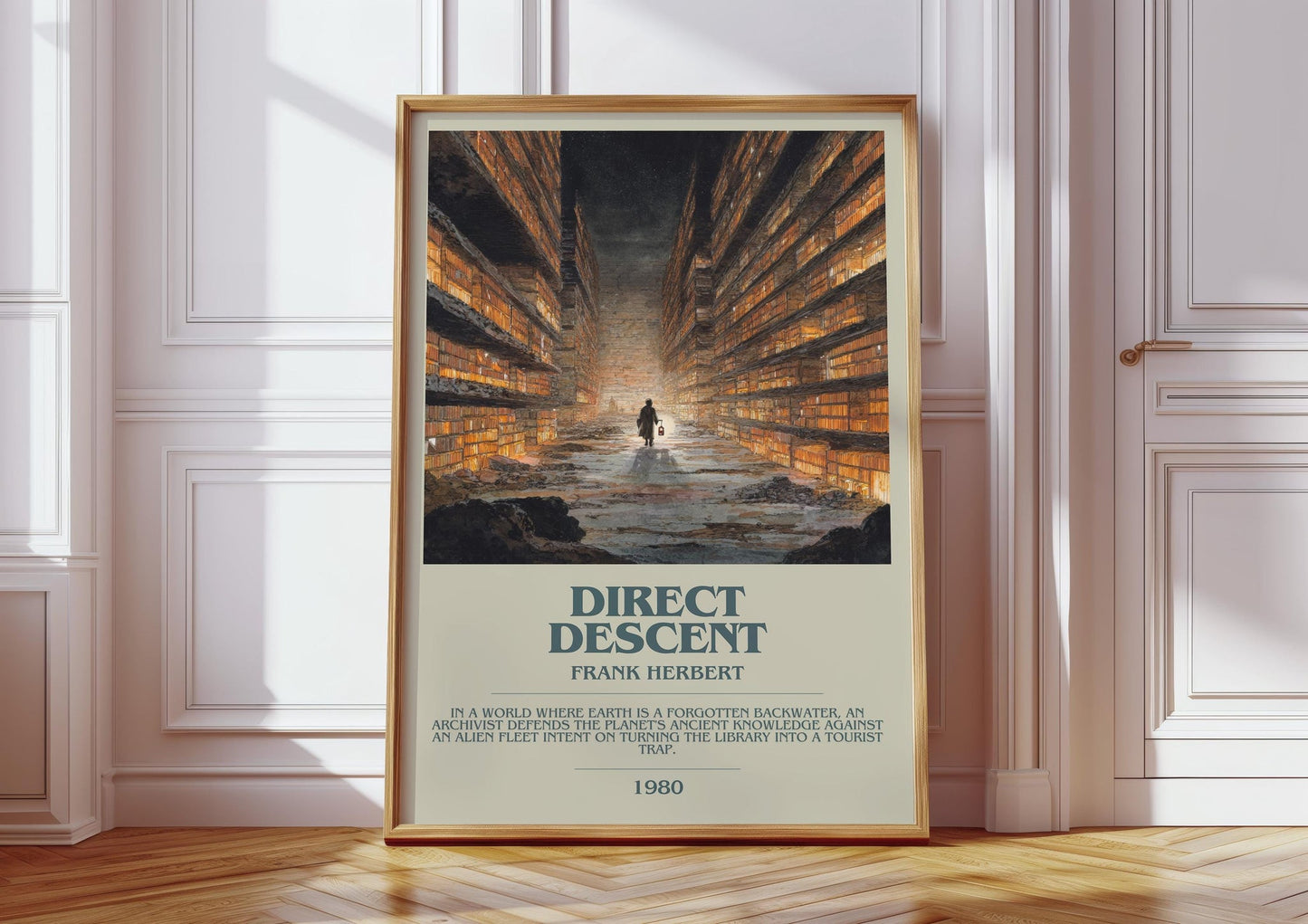 Direct Descent bookish print in frame leaning in hallway – sci fi wall art