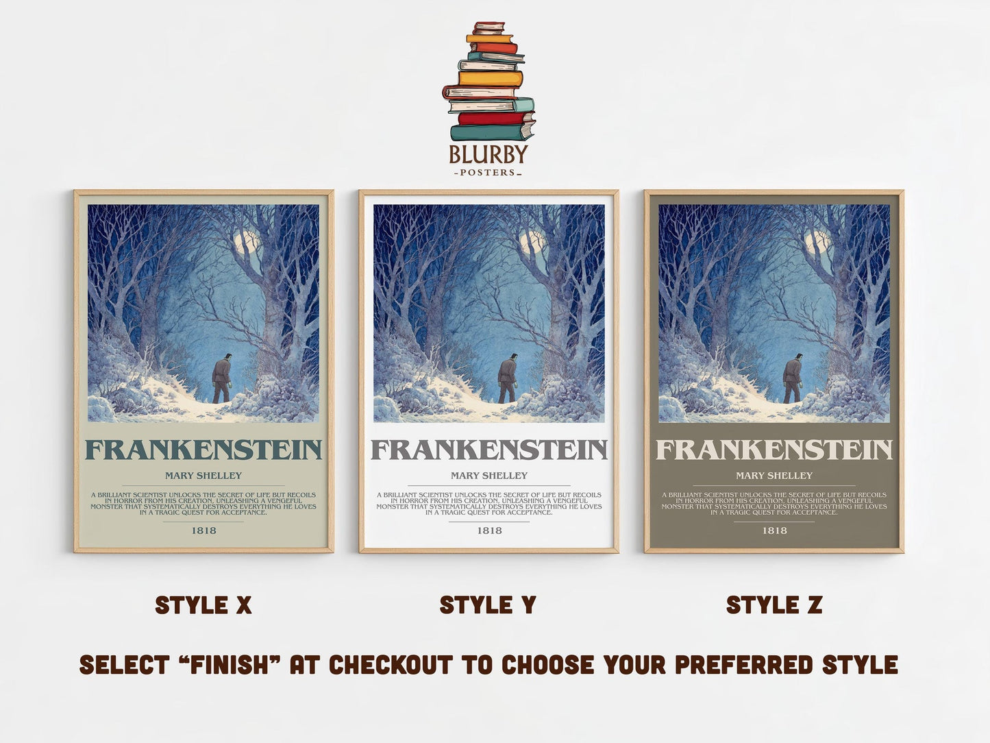 Frankenstein bookish poster colour and style options – Mary Shelley book art