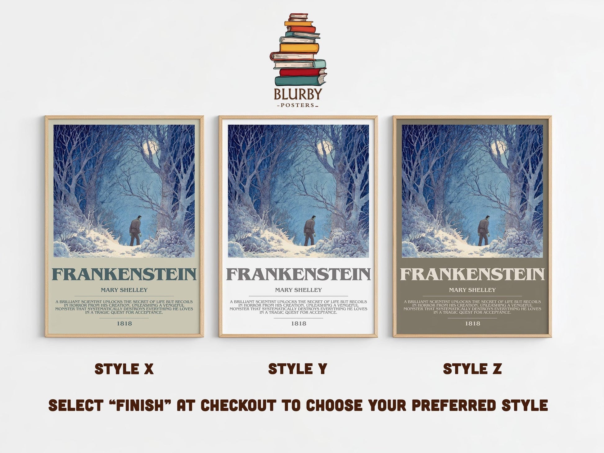 Frankenstein bookish poster colour and style options – Mary Shelley book art