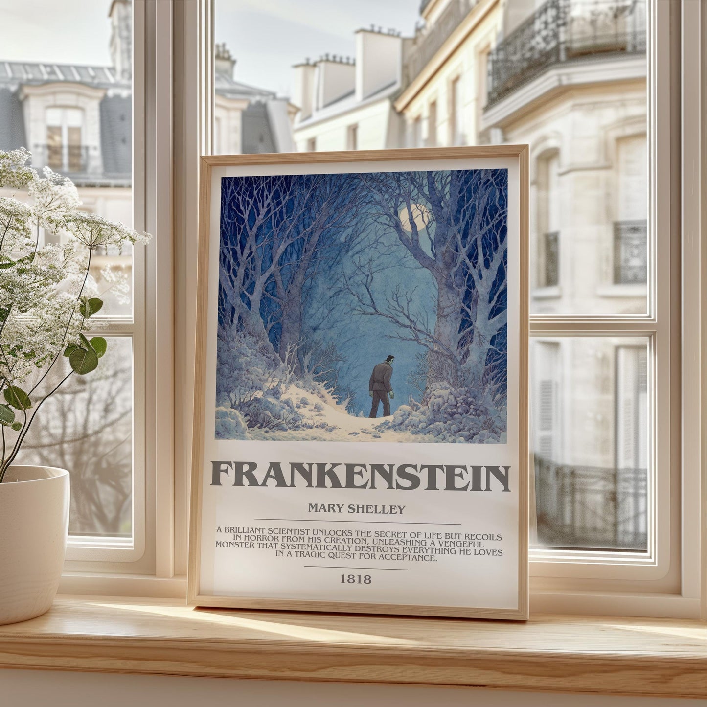 Frankenstein bookish print framed by window – literary home decor
