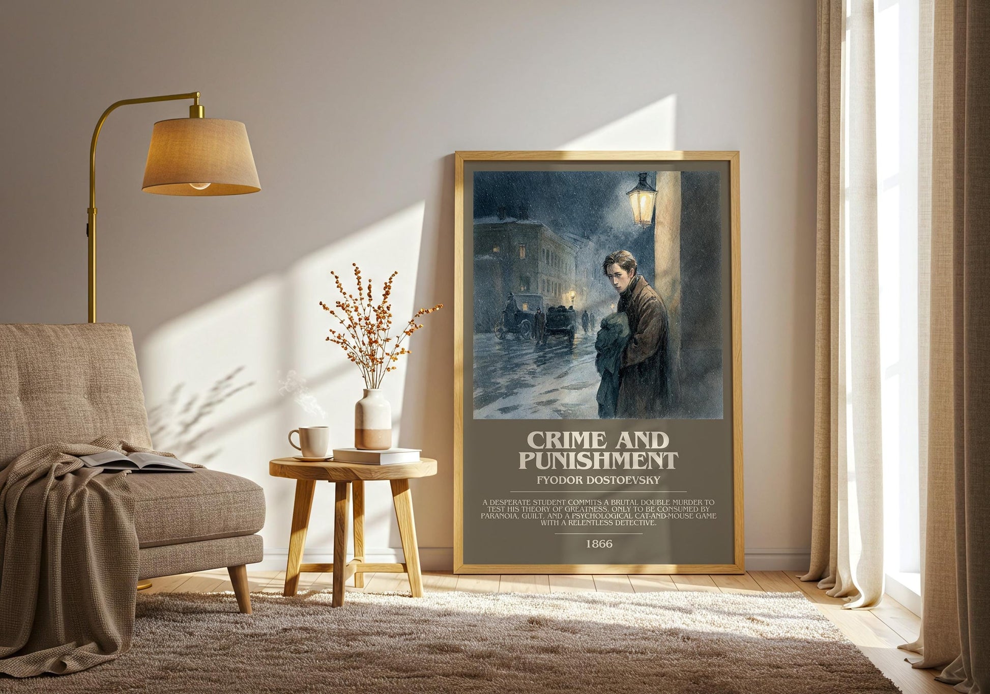 Crime And Punishment bookish print on bookshelf – Fyodor Dostoevsky fan gift