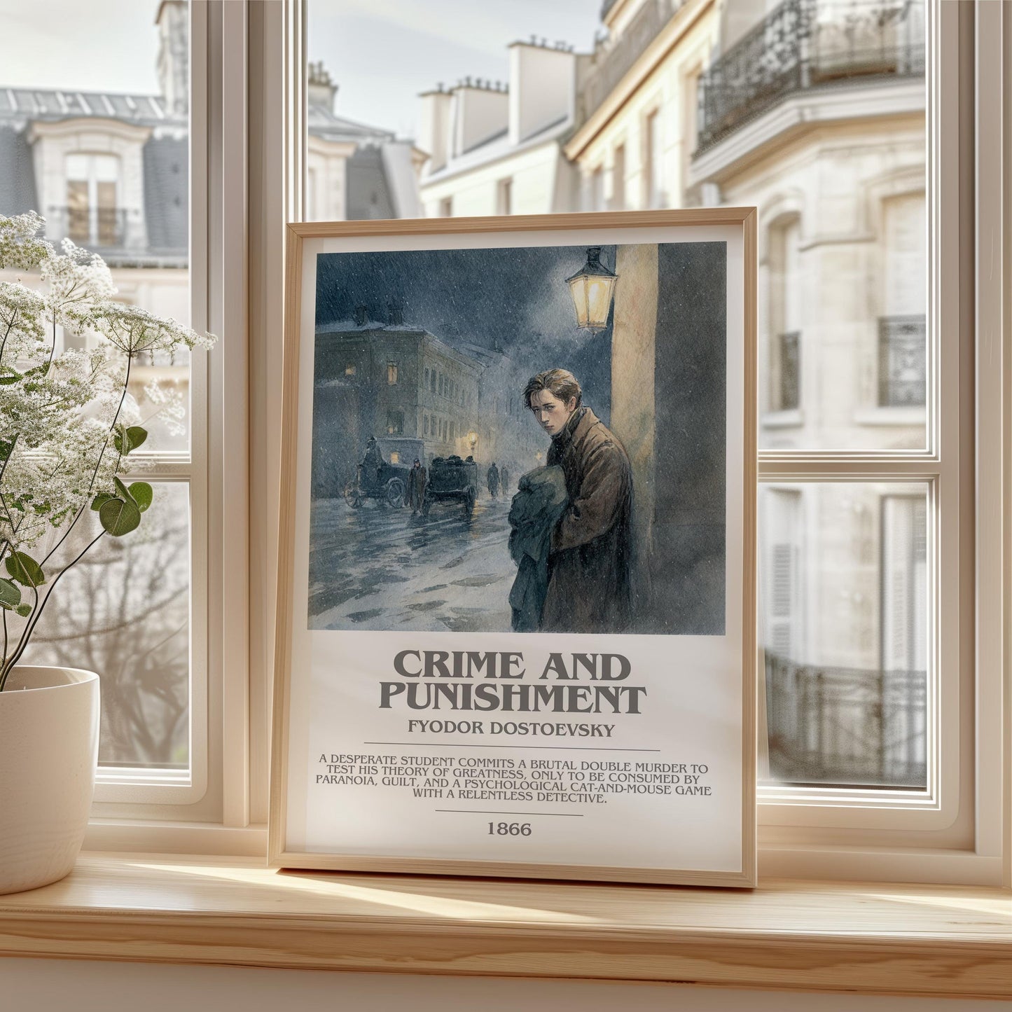 Crime And Punishment bookish print framed by window – literary home decor