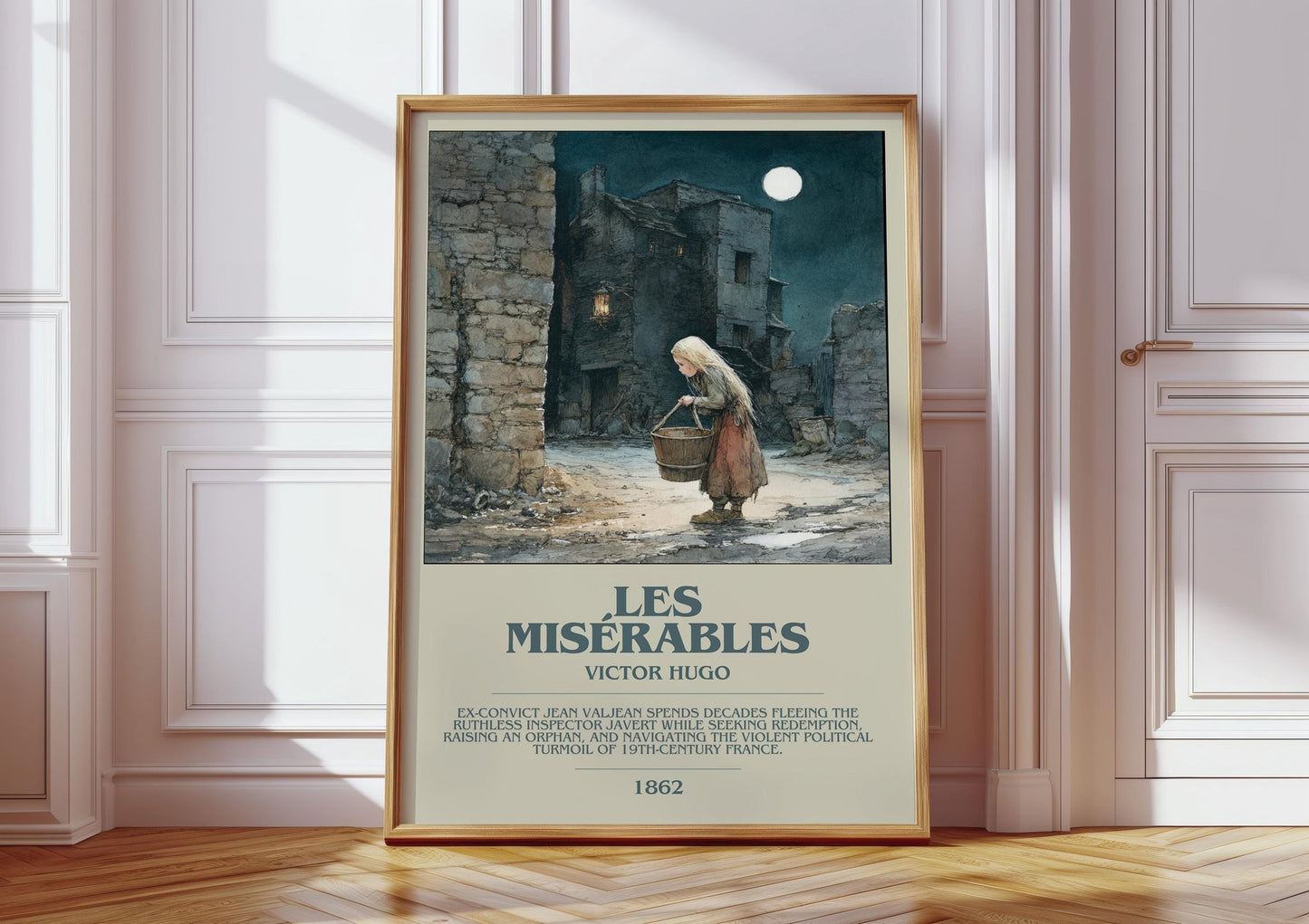 Les Misérables bookish print in frame leaning in hallway – classic literature wall art