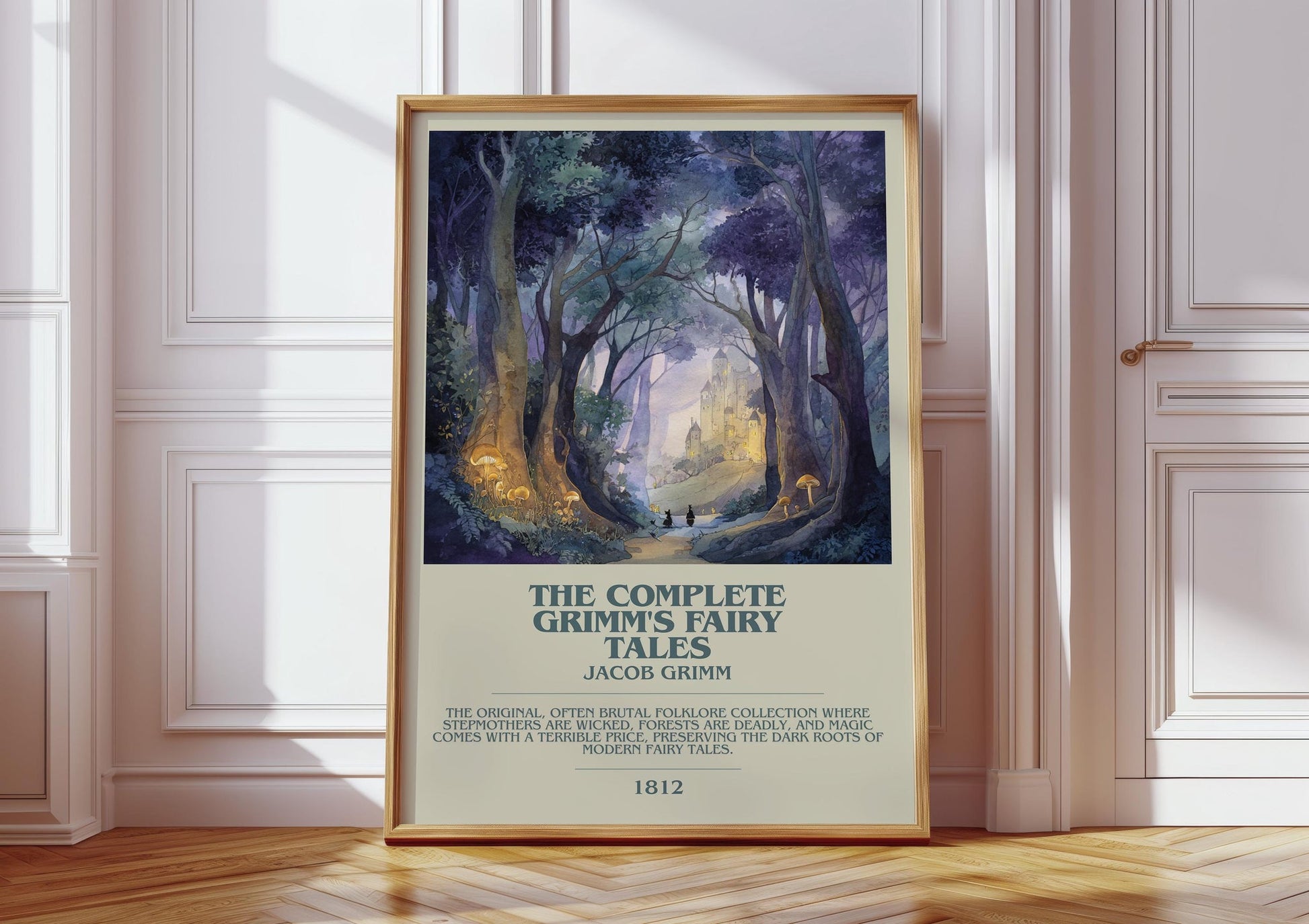 The Complete Grimm's Fairy Tales bookish print in frame leaning in hallway – classic literature wall art
