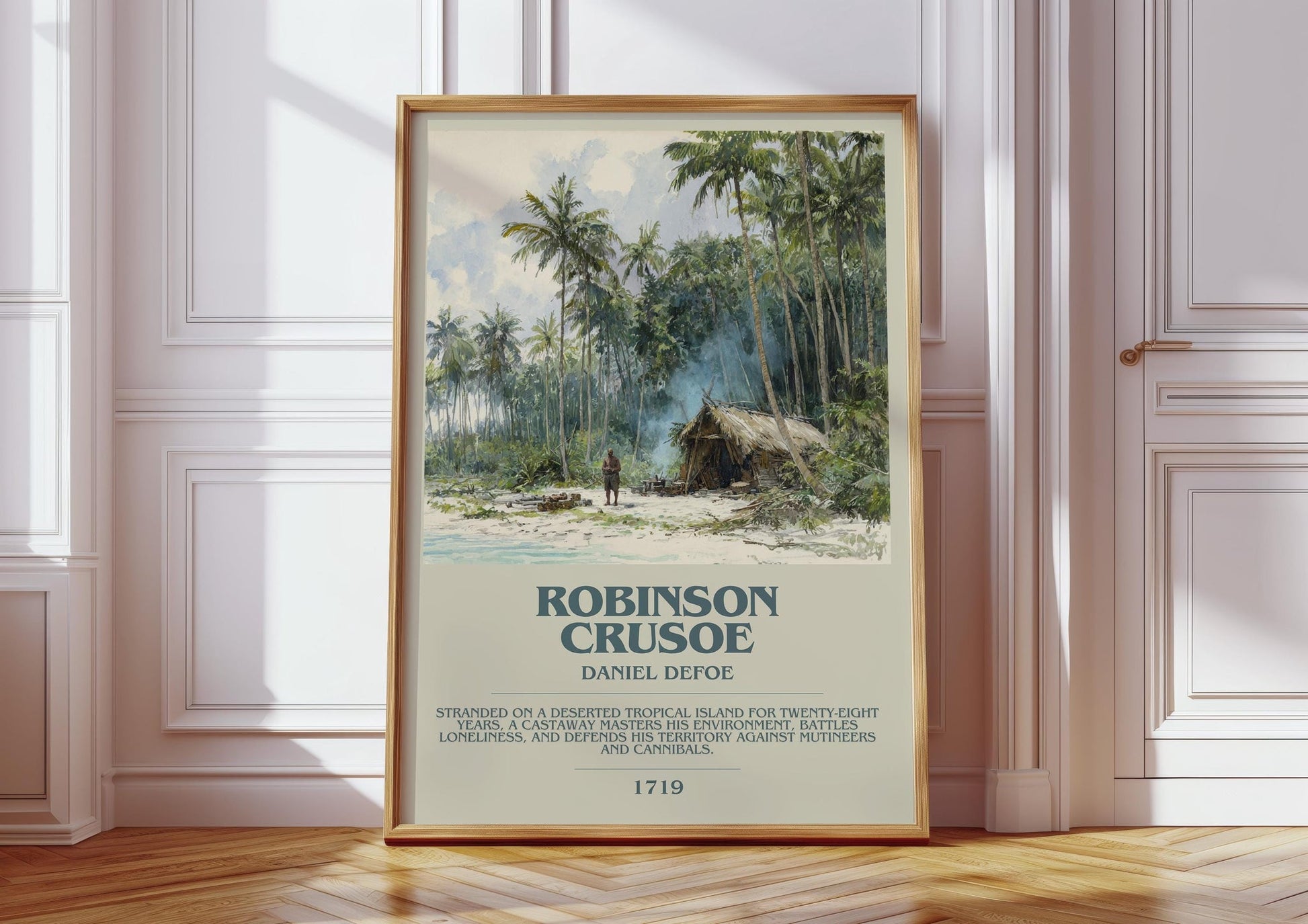 Robinson Crusoe bookish print in frame leaning in hallway – childrens wall art