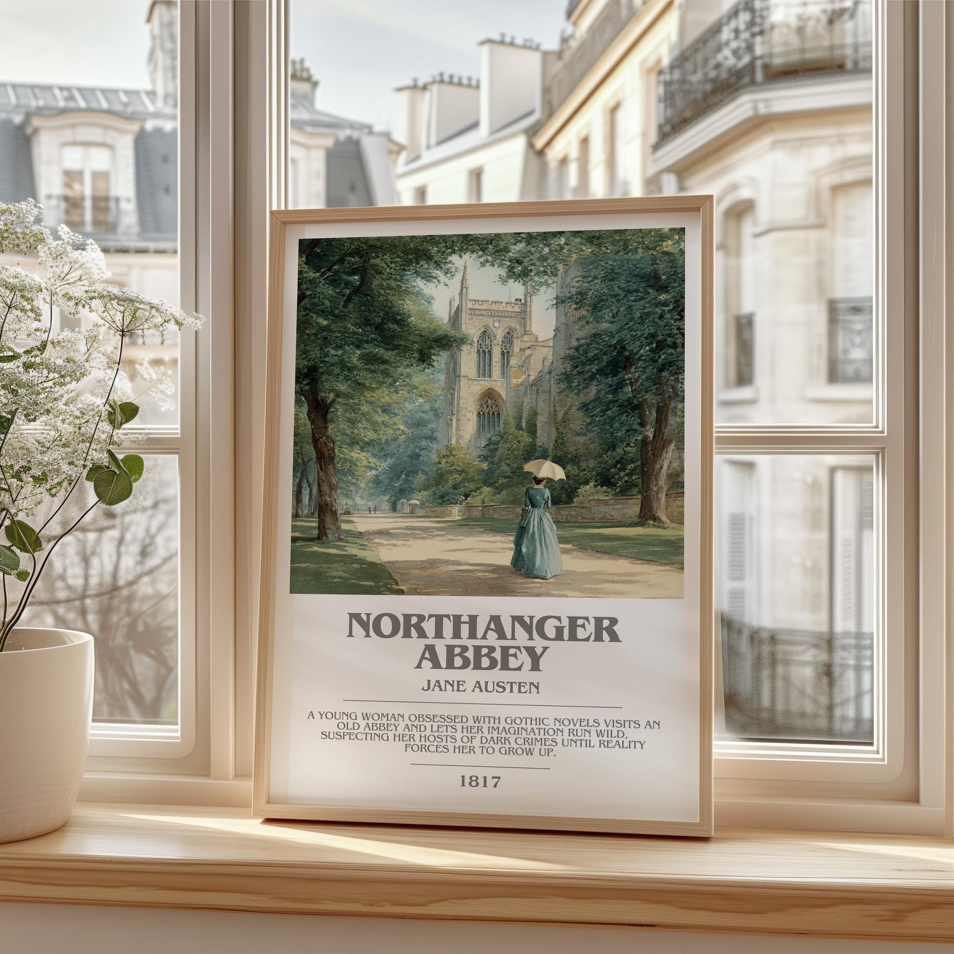 Northanger Abbey bookish print framed by window – literary home decor