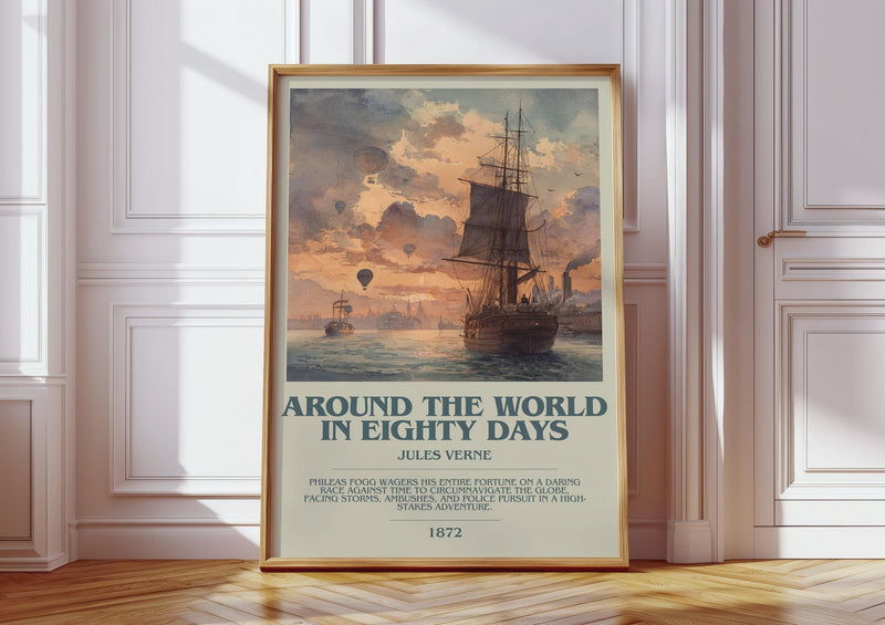 Around the World in Eighty Days bookish print in frame leaning in hallway – thriller wall art