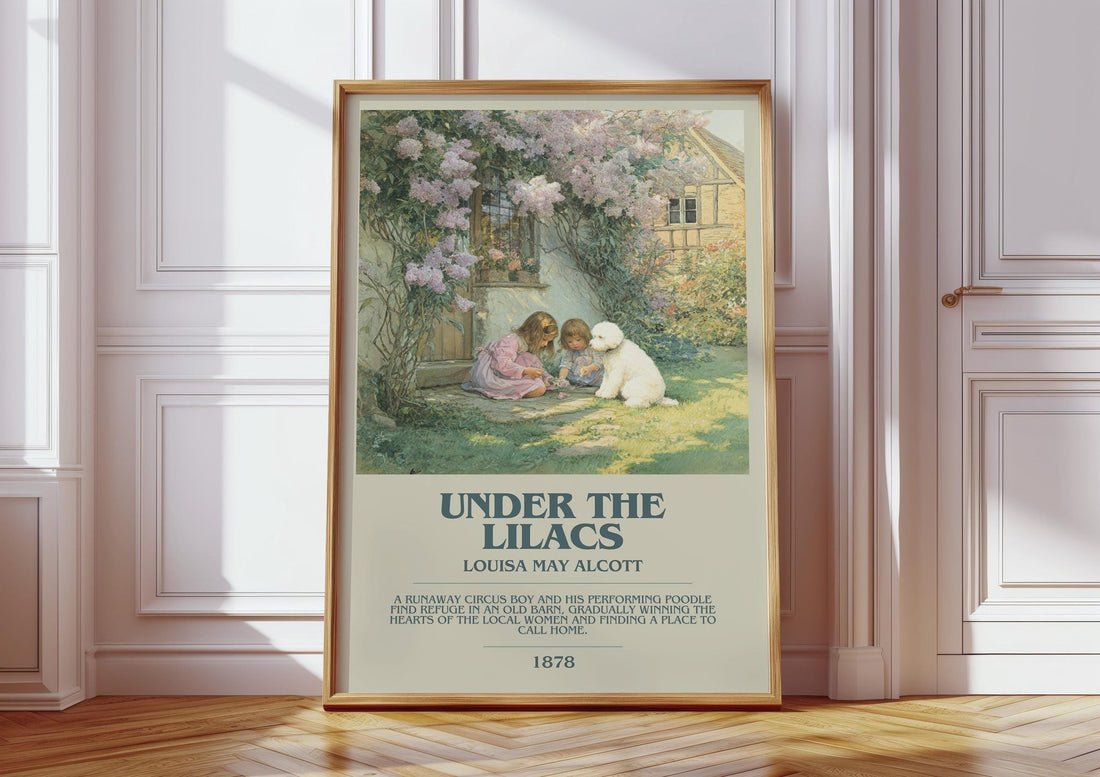 Under the Lilacs bookish print in frame leaning in hallway – classic literature wall art (mockup)