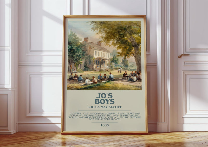 Jo's Boys bookish print in frame leaning in hallway – childrens wall art