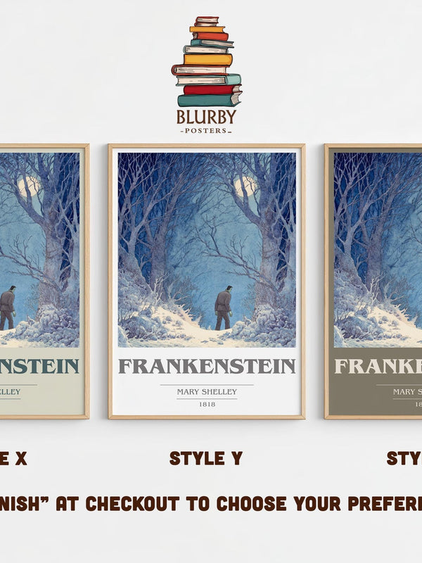 Frankenstein book cover print in frame leaning in hallway – sci fi wall art
