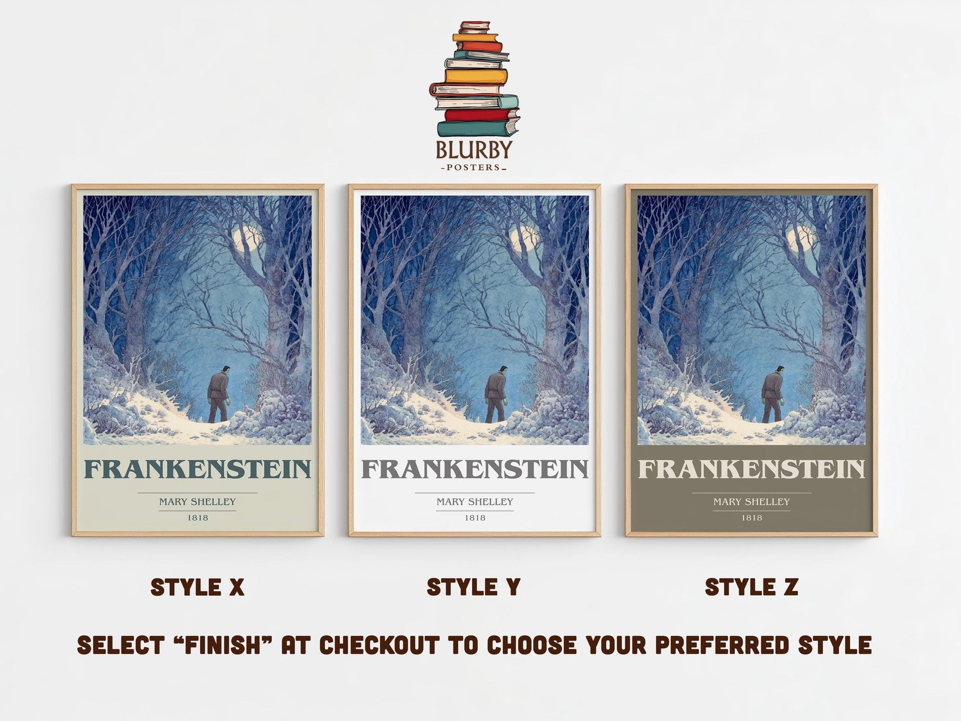 Frankenstein book cover print in frame leaning in hallway – sci fi wall art