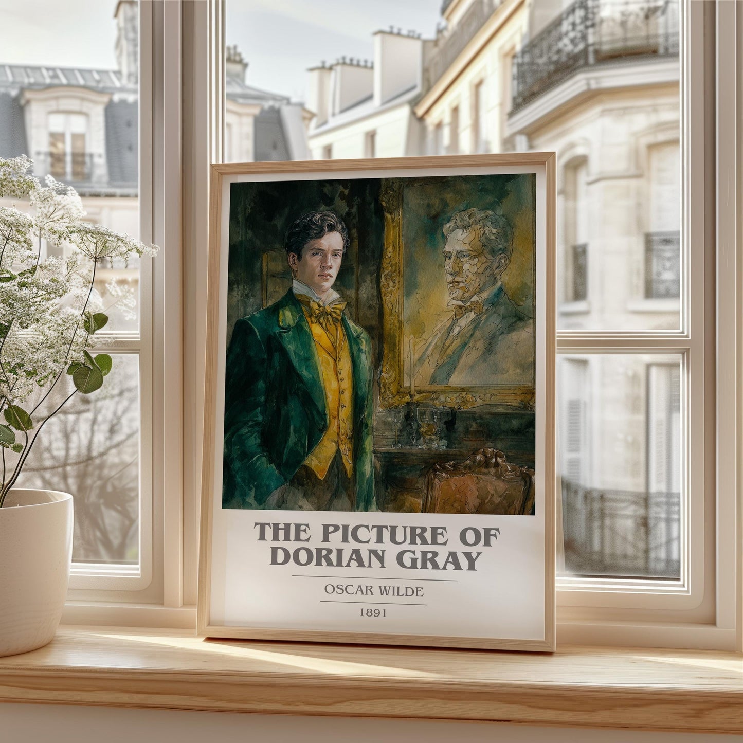 The Picture of Dorian Gray book cover print framed by window – literary home decor