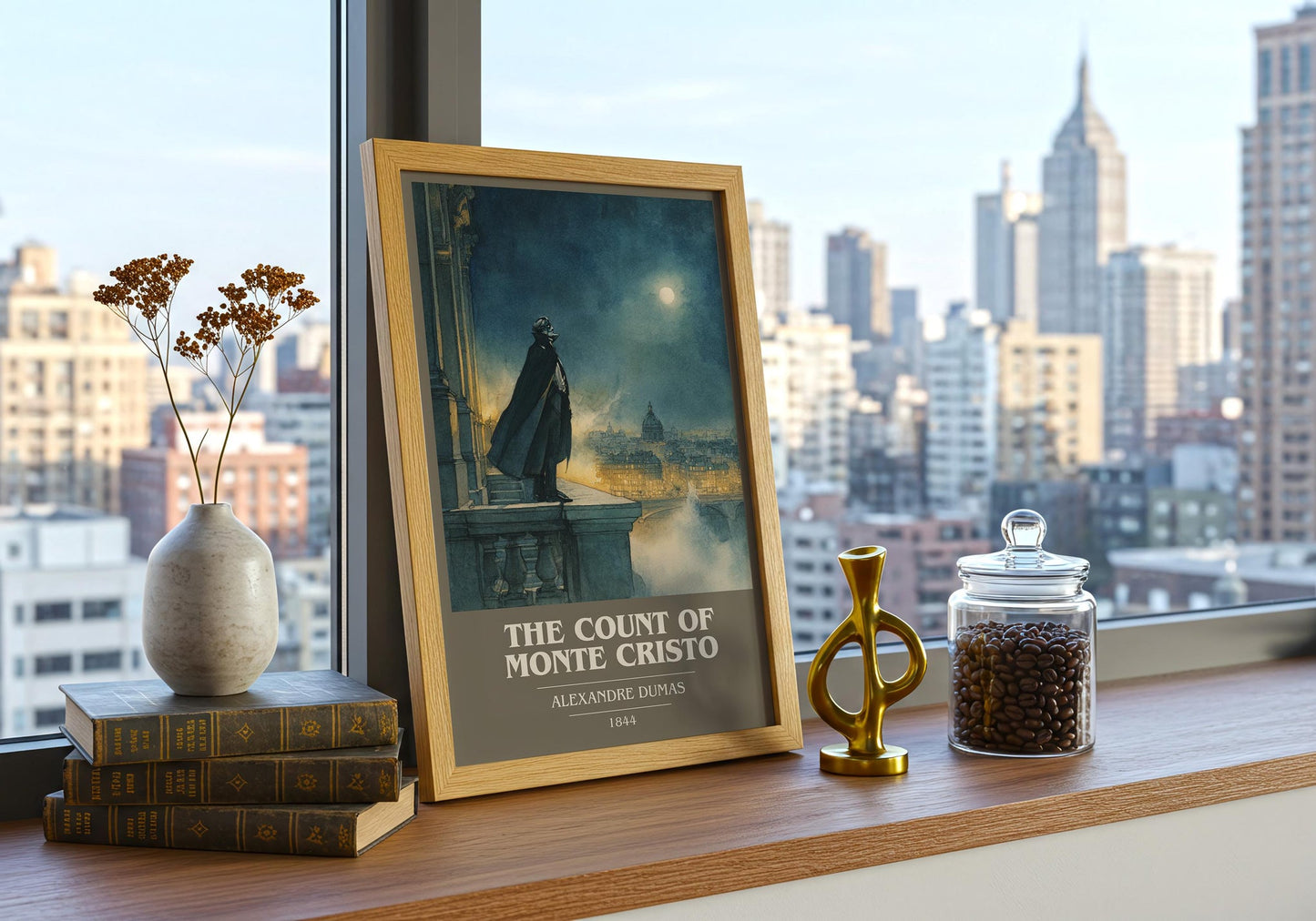 The Count of Monte Cristo book cover print framed by window – literary home decor