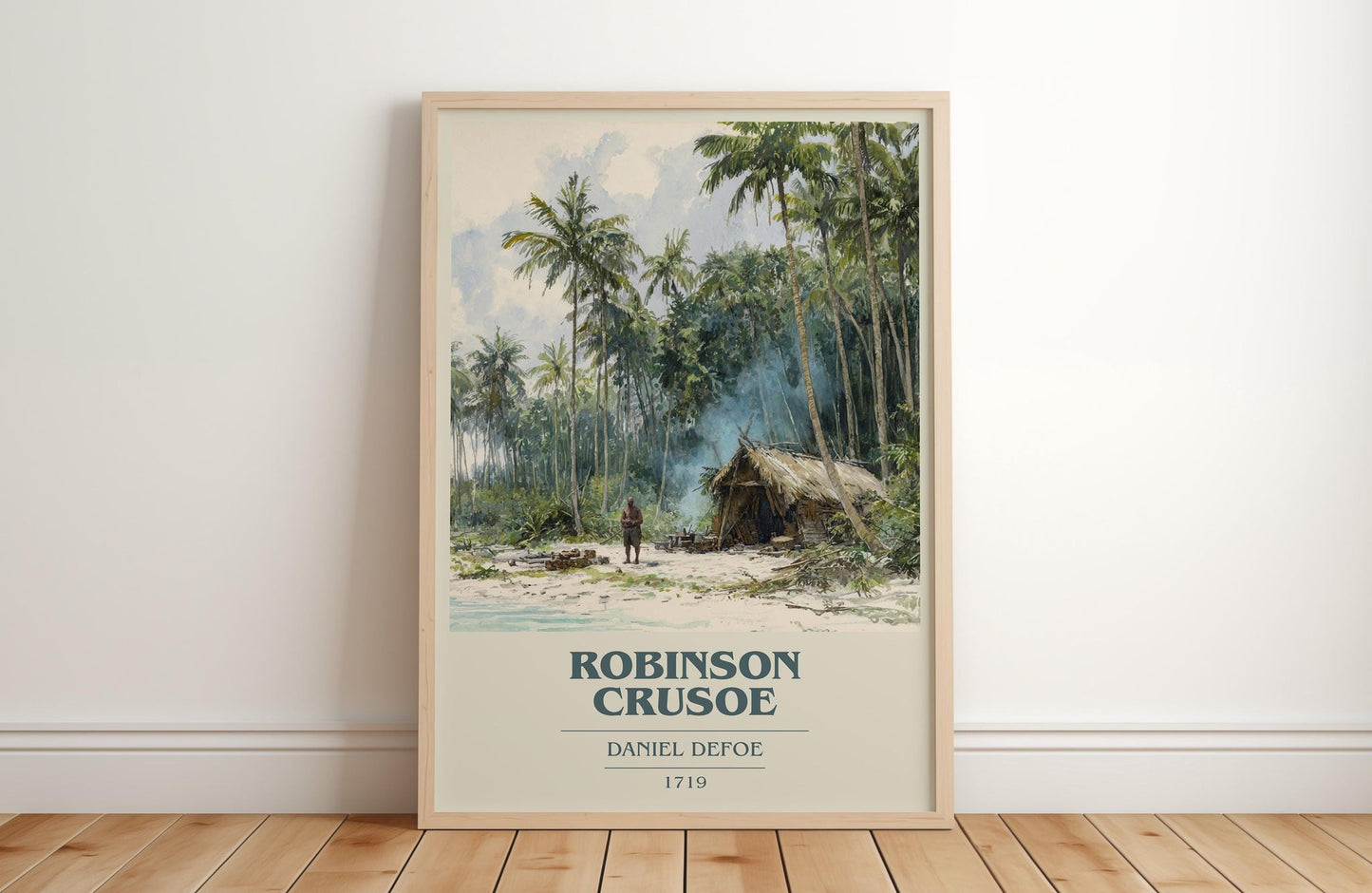Robinson Crusoe book cover print in frame leaning in hallway – childrens wall art