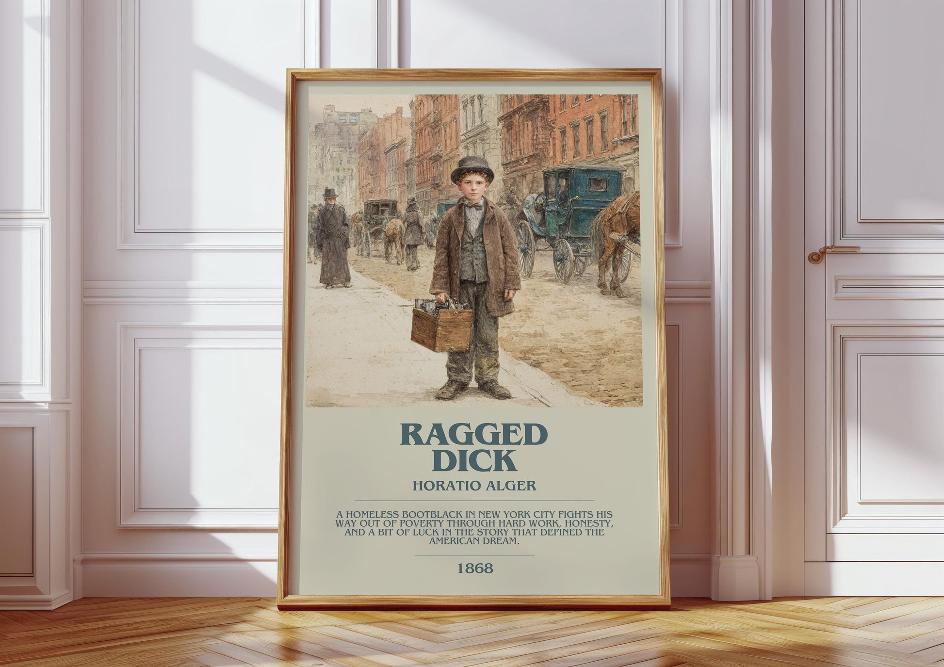 Ragged Dick bookish print in frame leaning in hallway – historical fiction wall art