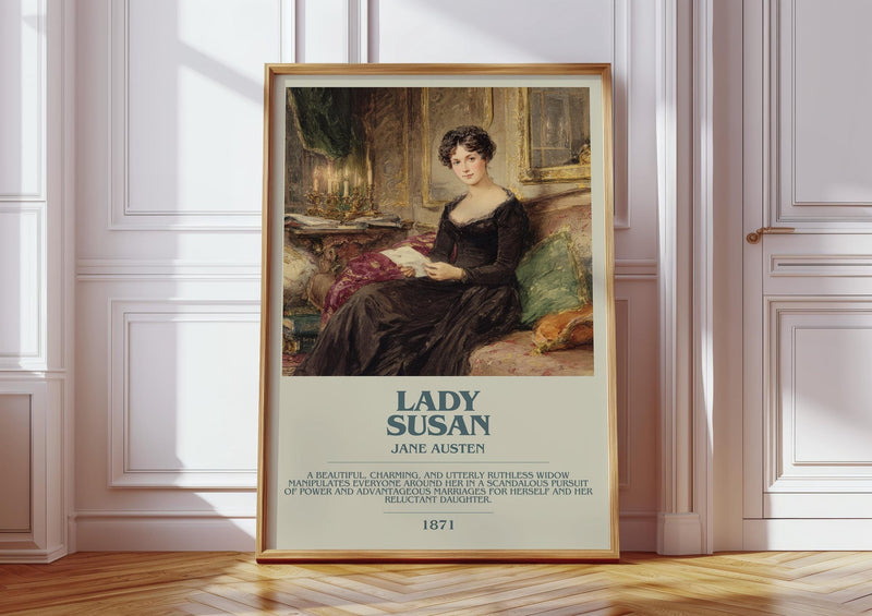 Lady Susan bookish print in frame leaning in hallway – coming of age wall art