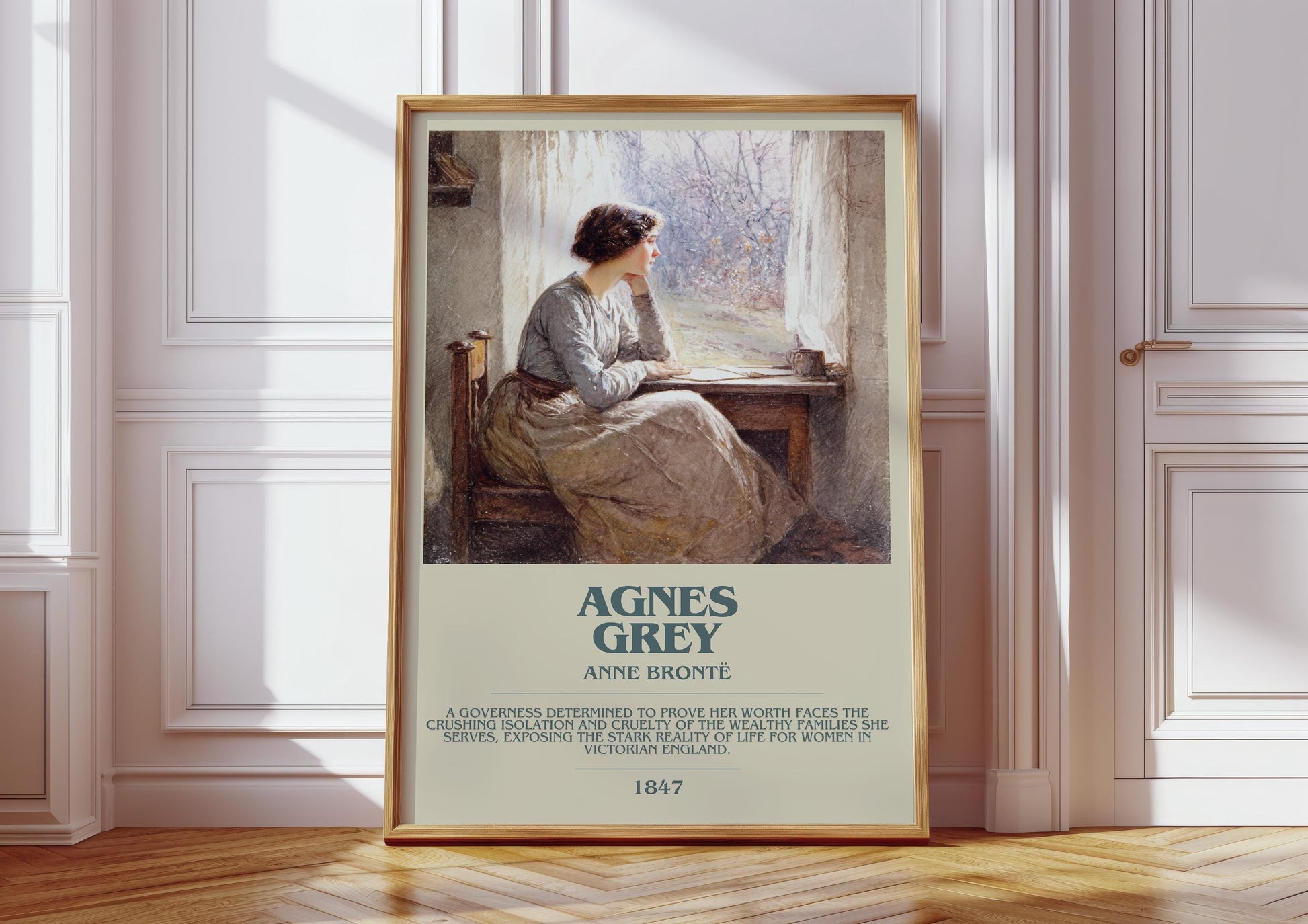 Agnes Grey bookish print in frame leaning in hallway – mystery wall art