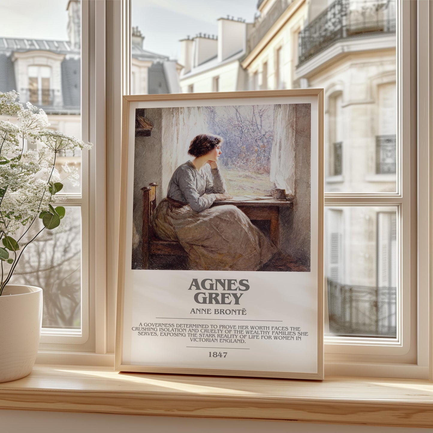 Agnes Grey bookish print framed by window – literary home decor