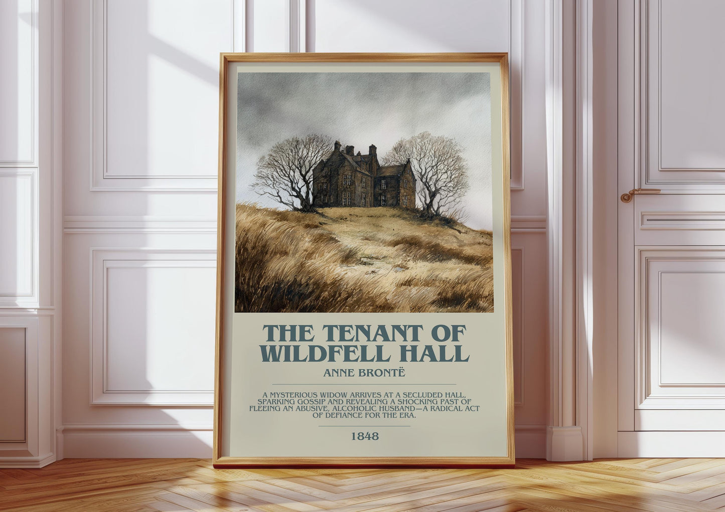 The Tenant Of Wildfell Hall bookish print in frame leaning in hallway – classic literature wall art