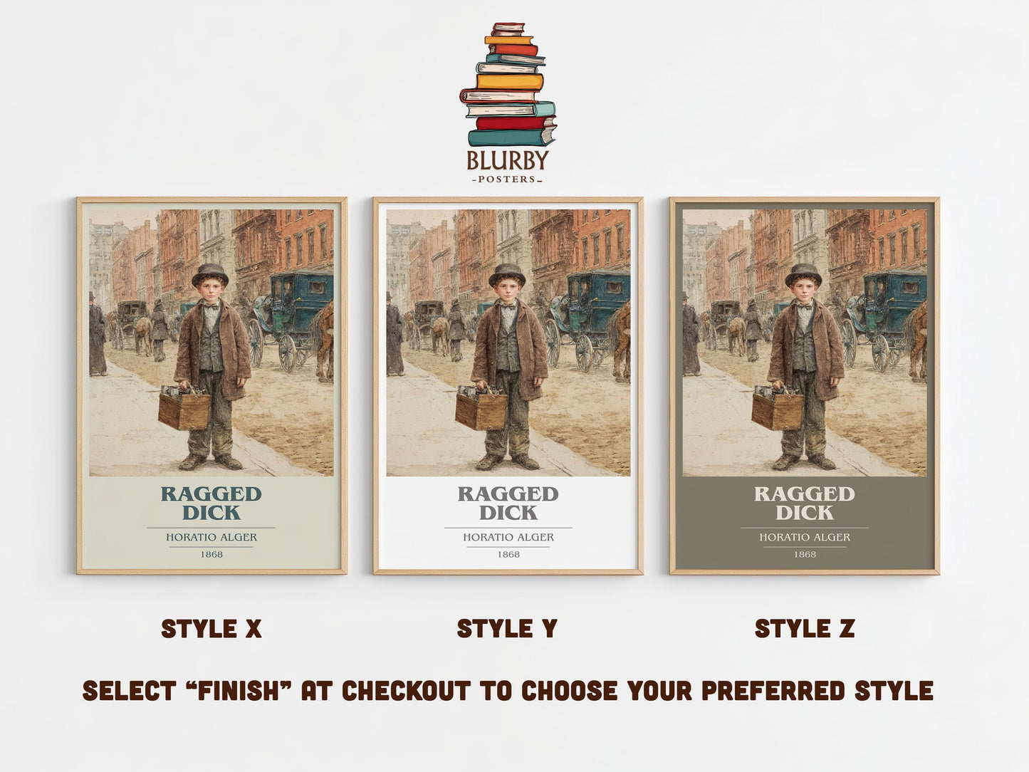 Ragged Dick book cover poster colour and style options – Horatio Alger book art