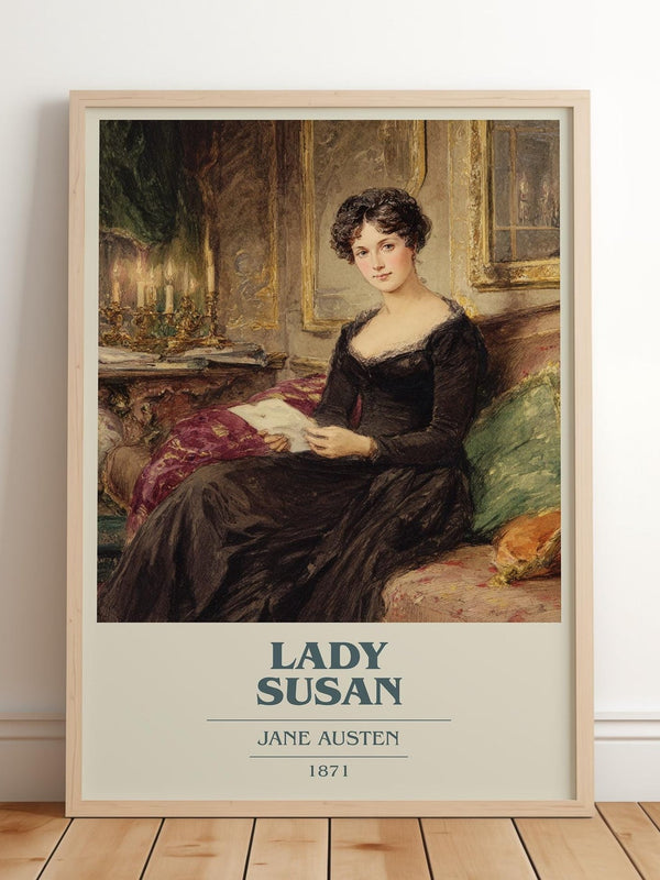 Lady Susan book cover print in frame leaning in hallway – coming of age wall art