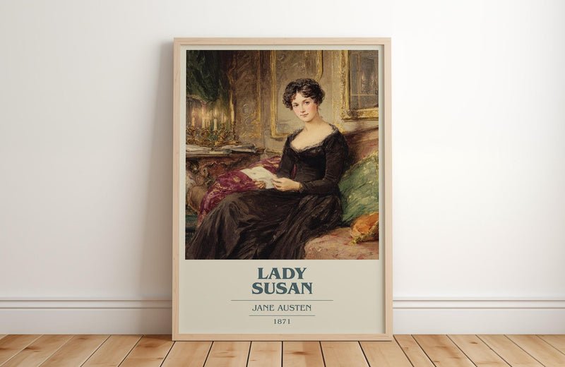 Lady Susan book cover print in frame leaning in hallway – coming of age wall art