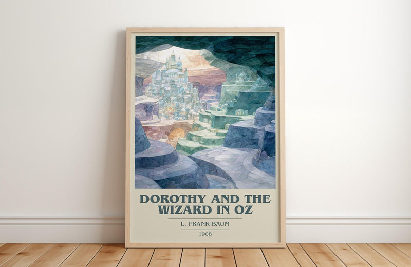Dorothy And The Wizard In Oz book cover print in frame leaning in hallway – childrens wall art