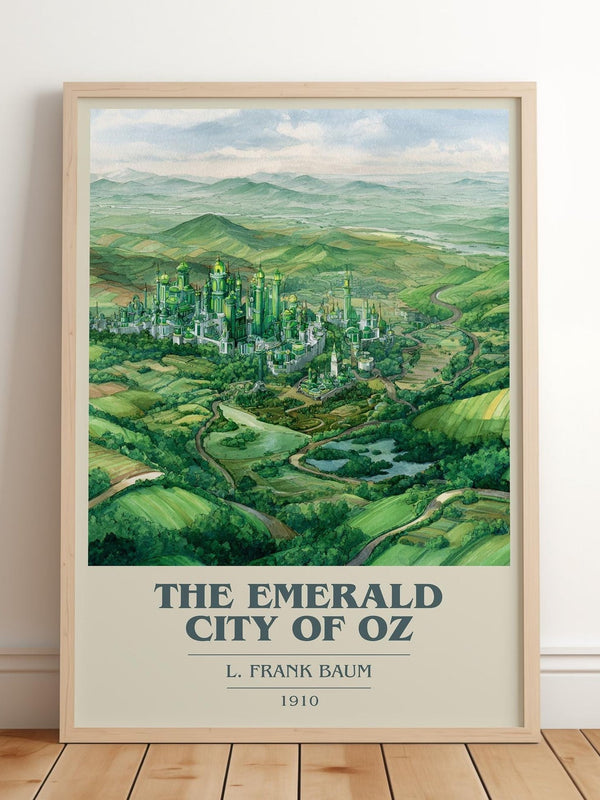 The Emerald City of Oz book cover print in frame leaning in hallway – childrens wall art