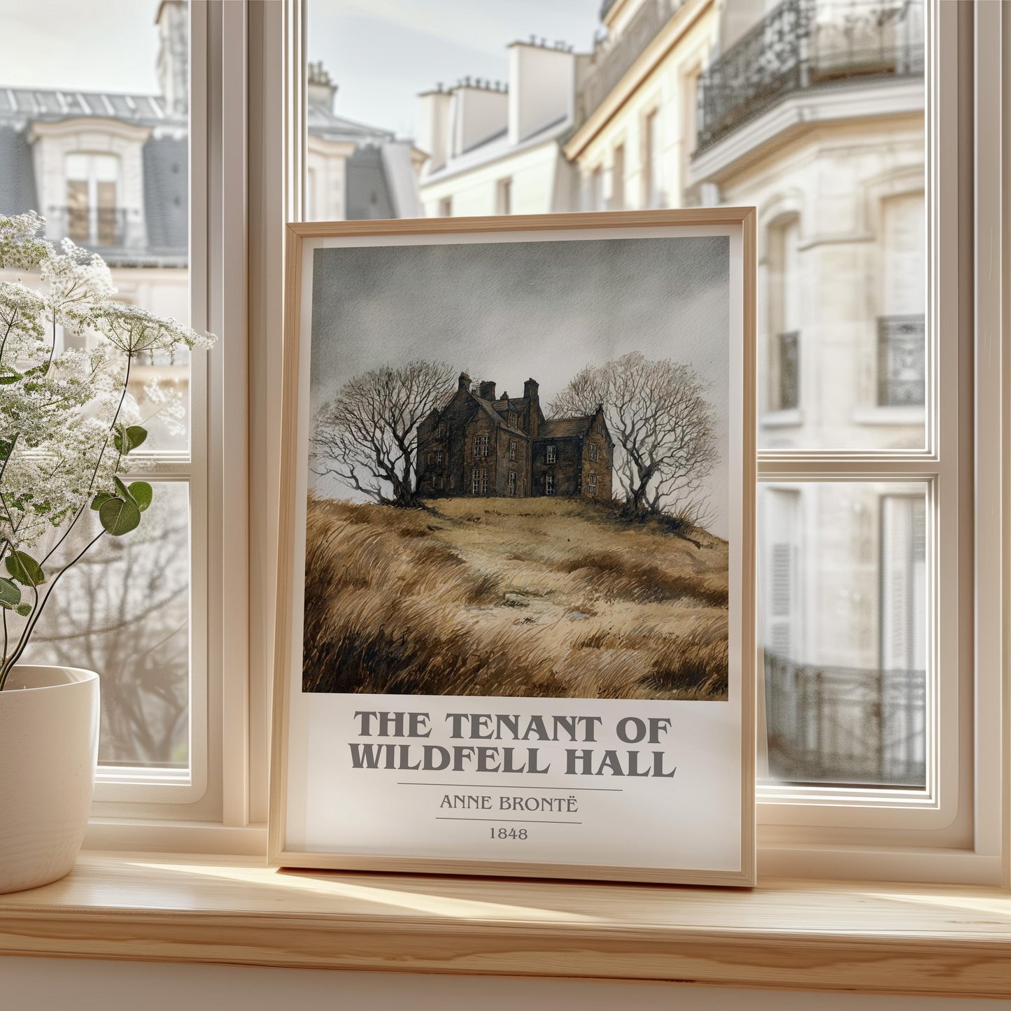 The Tenant Of Wildfell Hall book cover print framed by window – literary home decor