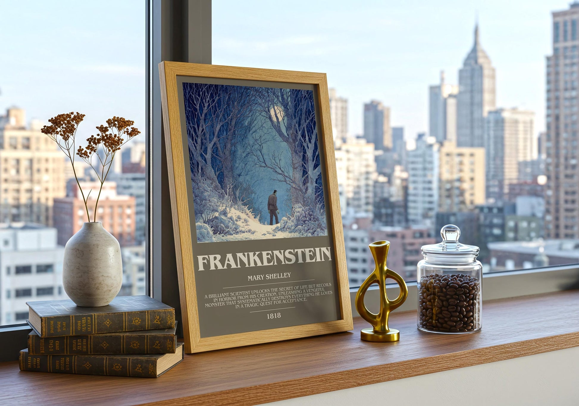 Frankenstein bookish book poster framed on wall – sci fi wall art