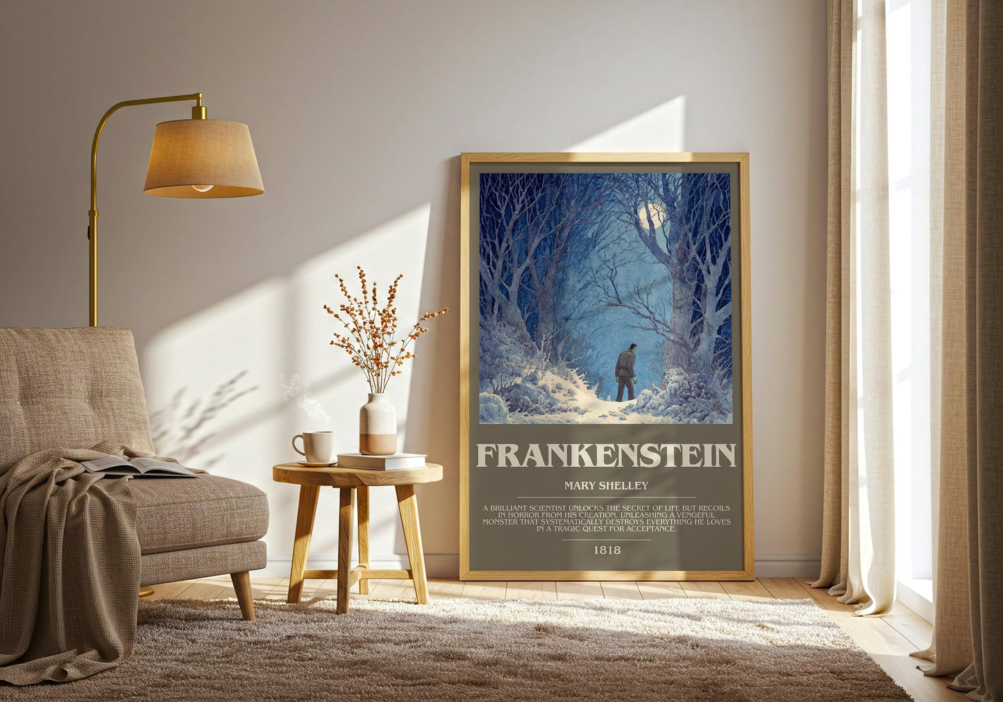 Frankenstein bookish print on bookshelf – Mary Shelley fan gift