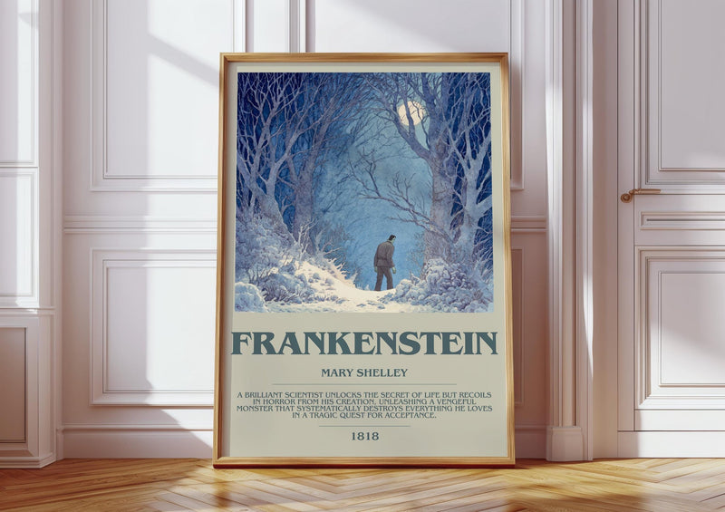 Frankenstein bookish print in frame leaning in hallway – sci fi wall art