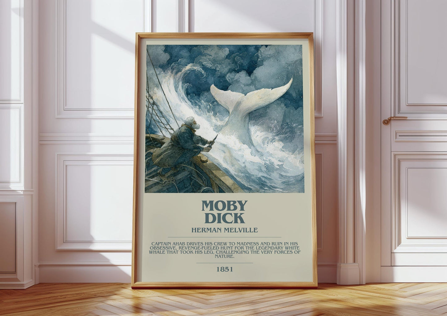 Moby Dick bookish print in frame leaning in hallway – gothic wall art