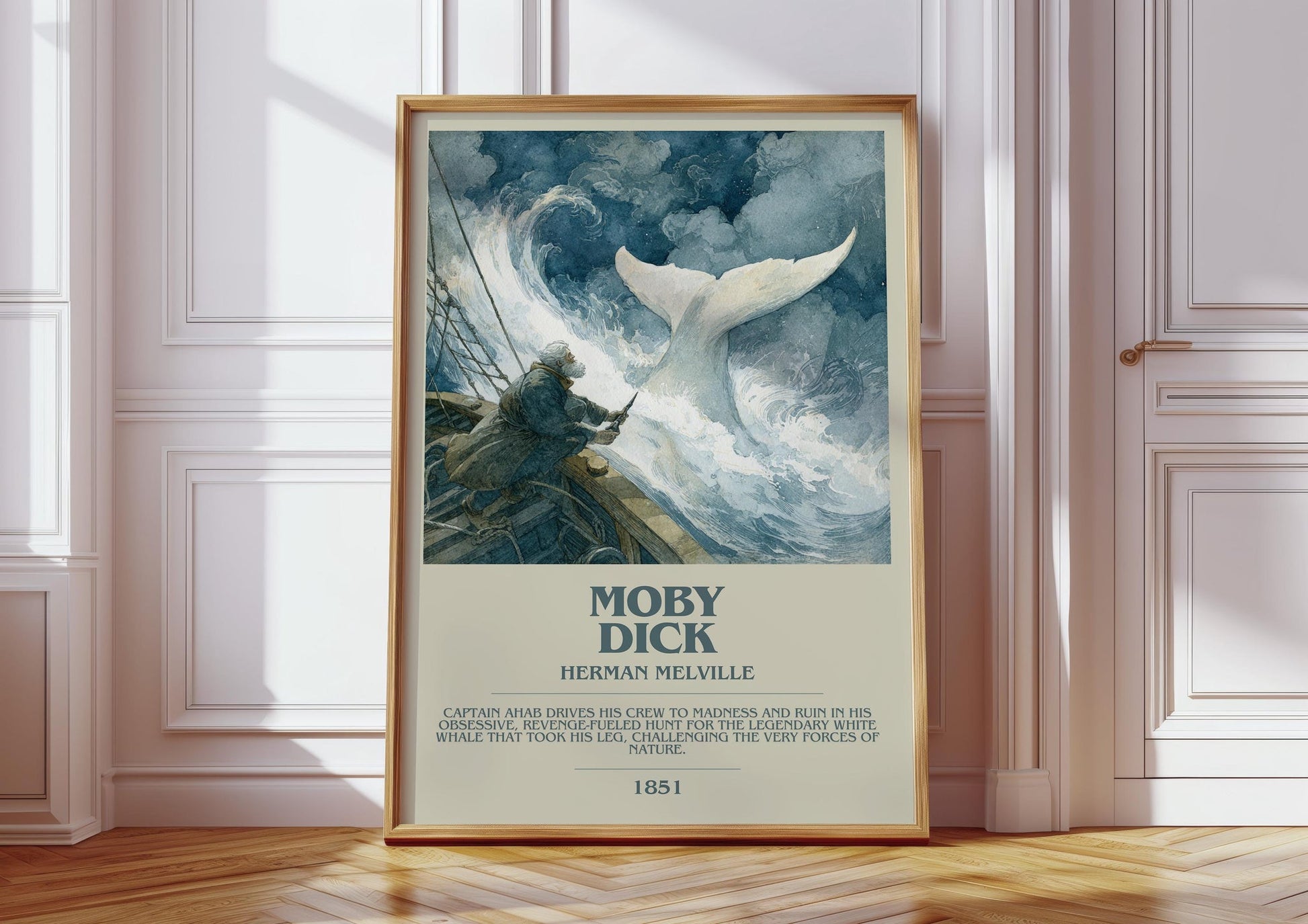 Moby Dick bookish print in frame leaning in hallway – gothic wall art