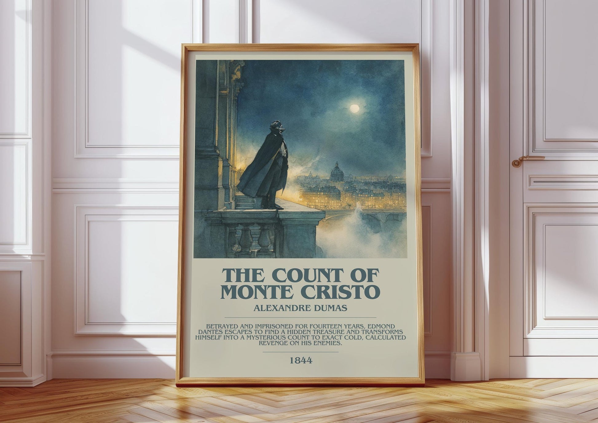 The Count of Monte Cristo bookish print in frame leaning in hallway – classic literature wall art