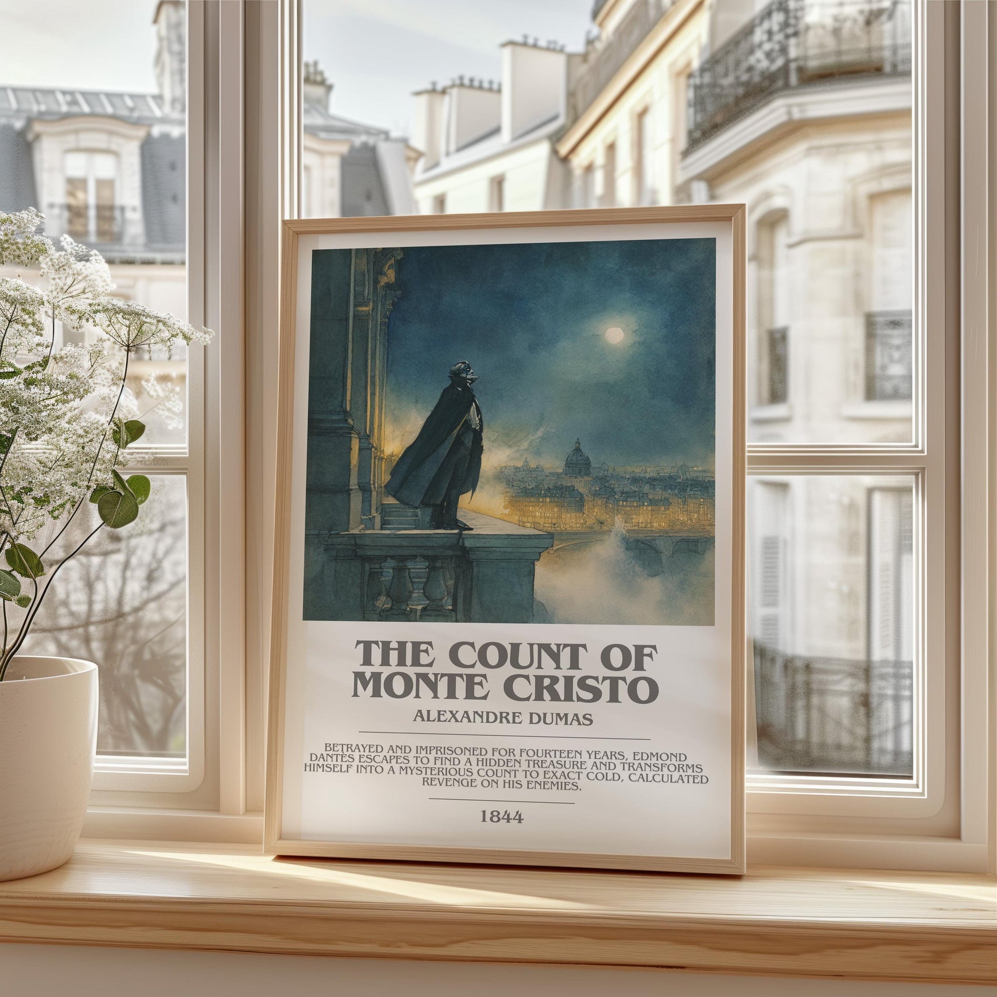 The Count of Monte Cristo bookish print framed by window – literary home decor