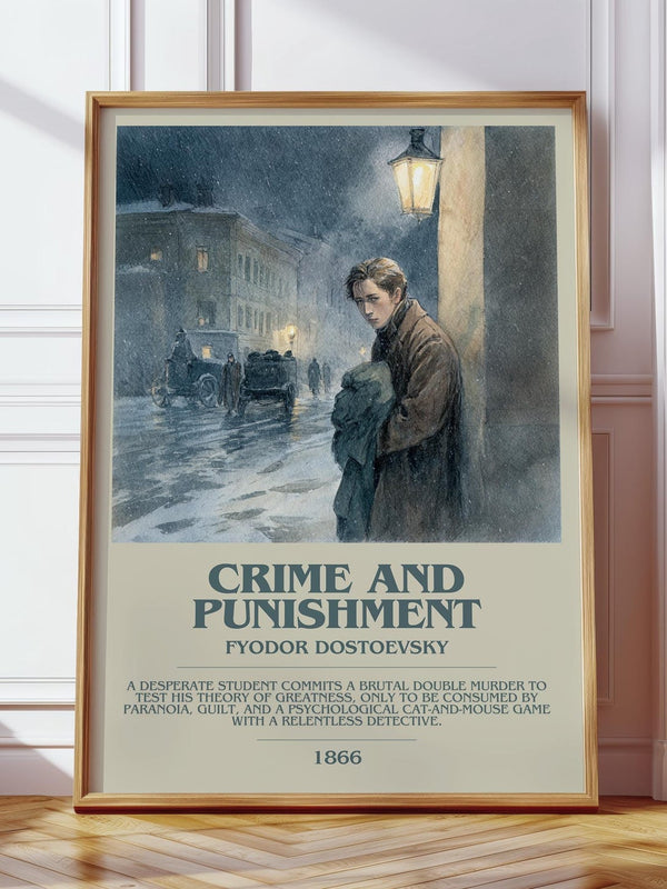 Crime And Punishment bookish print in frame leaning in hallway – adventure wall art