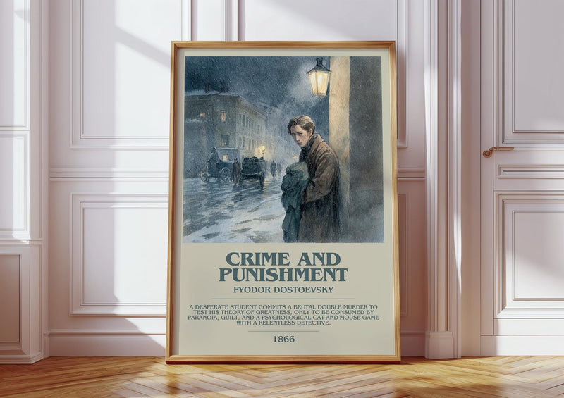 Crime And Punishment bookish print in frame leaning in hallway – adventure wall art